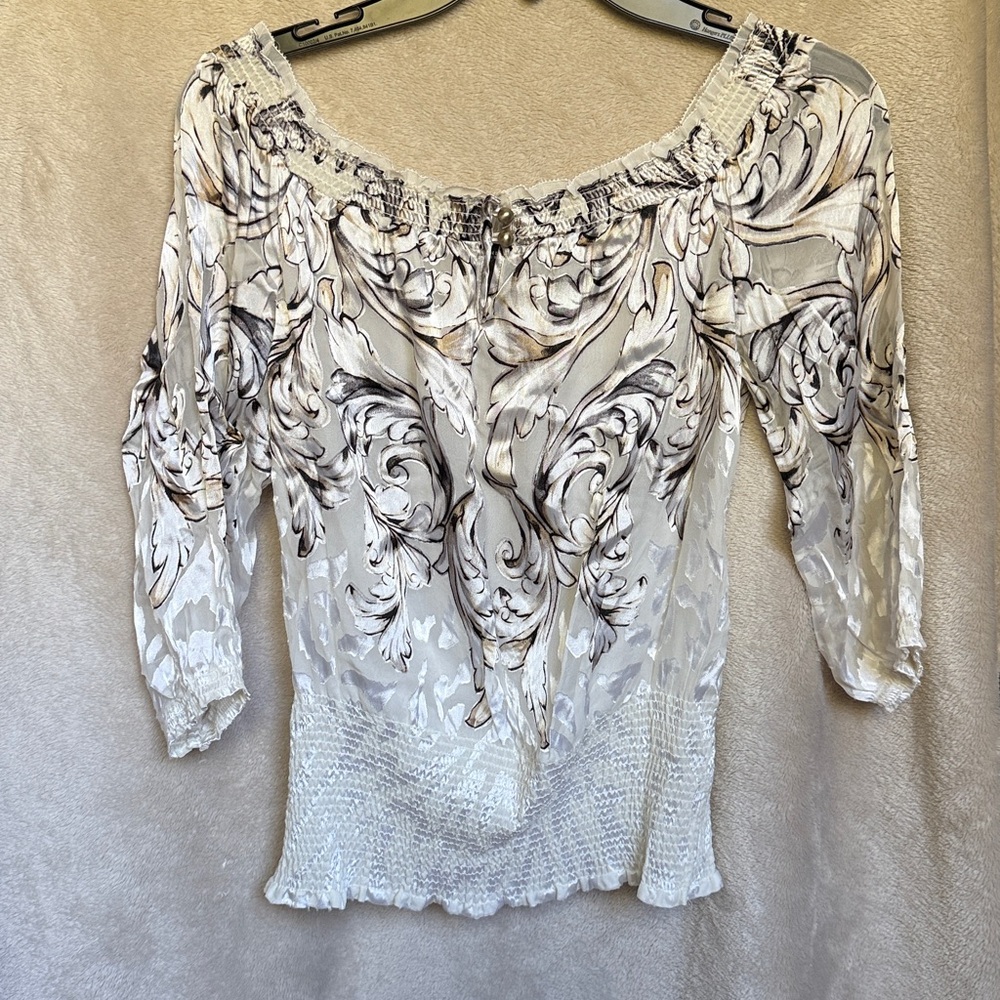 White House Black Market Silky Ruffled Blouse in Cream and Black